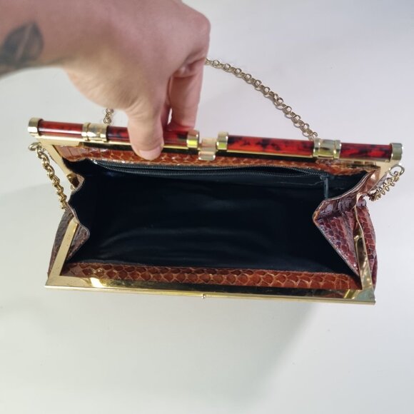 Vintage Brown Faux Snakeskin Clutch Bag with Tortoiseshell Handle & Gold Chain - Picture 3 of 6